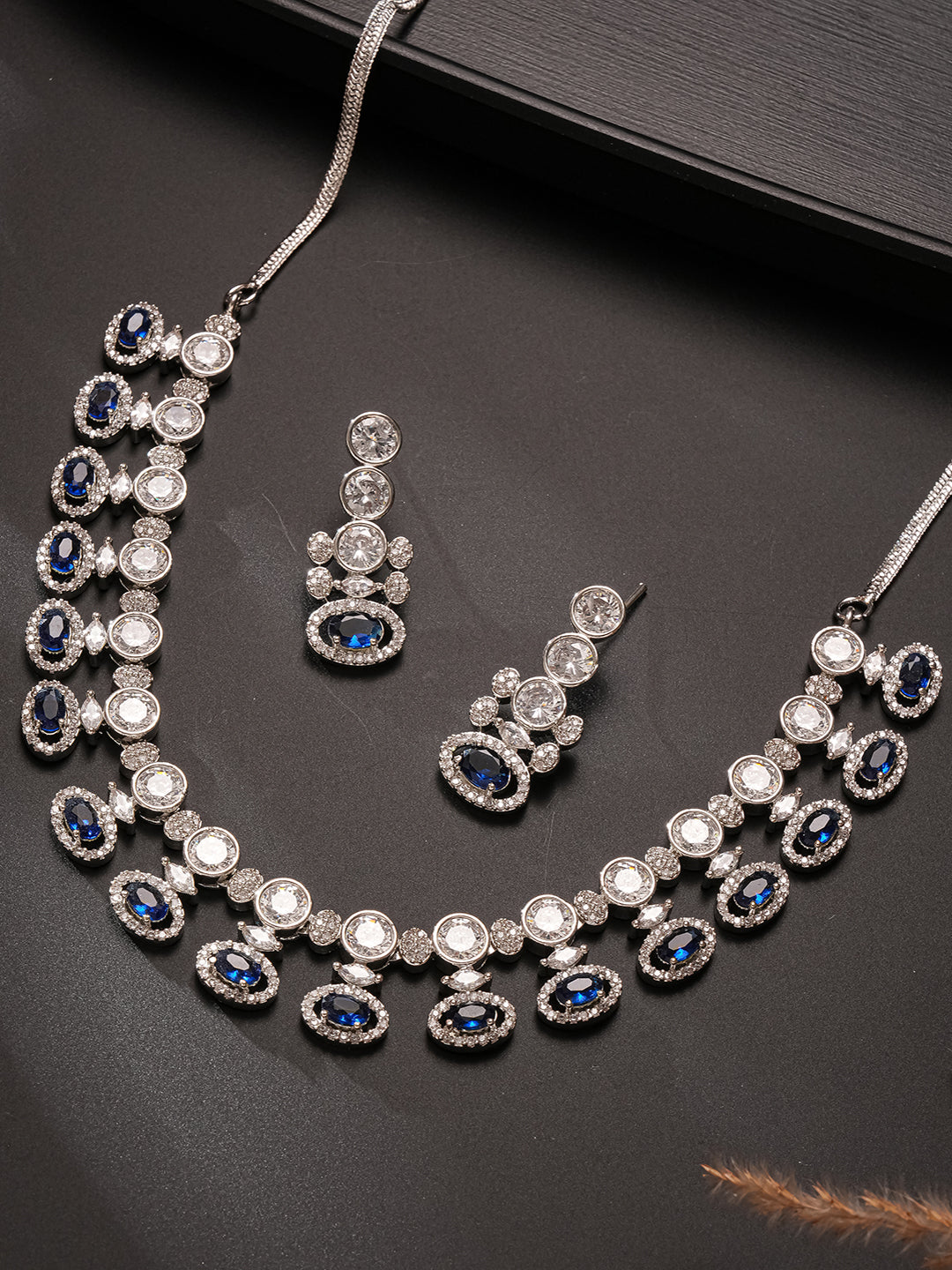 Silver Toned Sapphire Blue AD Studded Statement Delicate Necklace Jewellery Set
